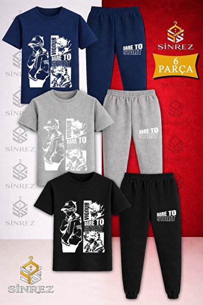 SİNREZ Children's Dare to Start White Printed 3-Piece T-Shirt Tracksuit Set