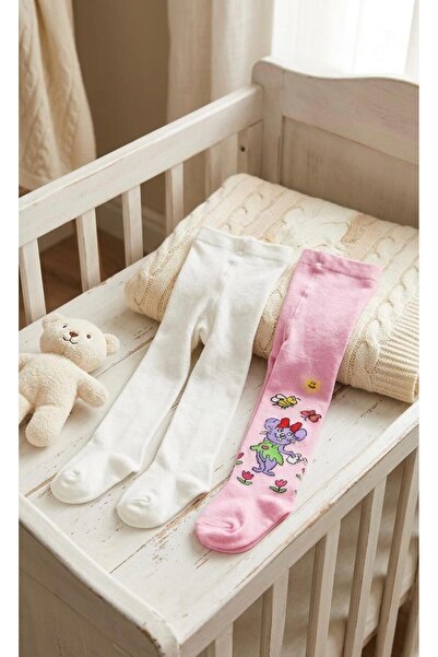 Miniday Baby 2'li Kız Bebek & Çocuk Pamuklu Düz Renkli Külotlu Çorap Yeni Doğ...