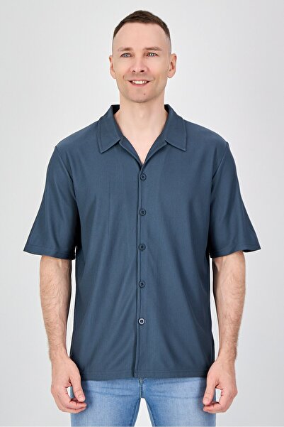 Core Elements Men Regular Fit Short Sleeve Ribbed Casual Shirts, Dark Slate Grey