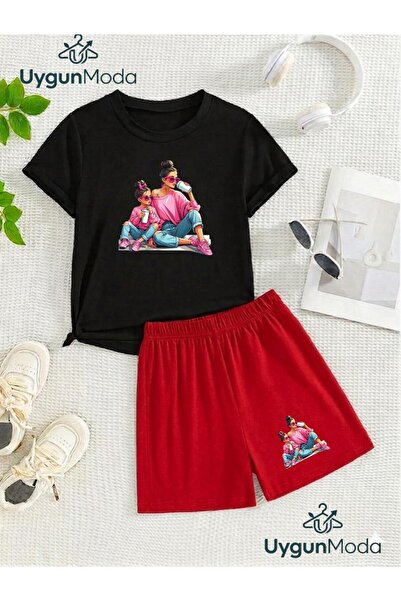 UygunModa Mother-Daughter Printed T-Shirt Shorts Summer Children's Set