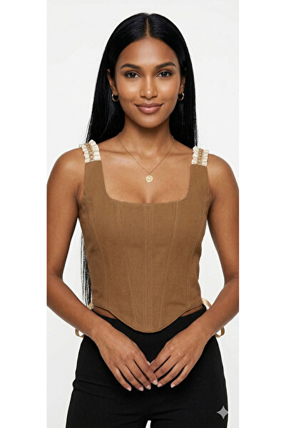 donamod Γυναικείο καφέ τζιν κορσέ μπουστάκι, άνετο, ταιριάζει σε όλα τα μεγέθη