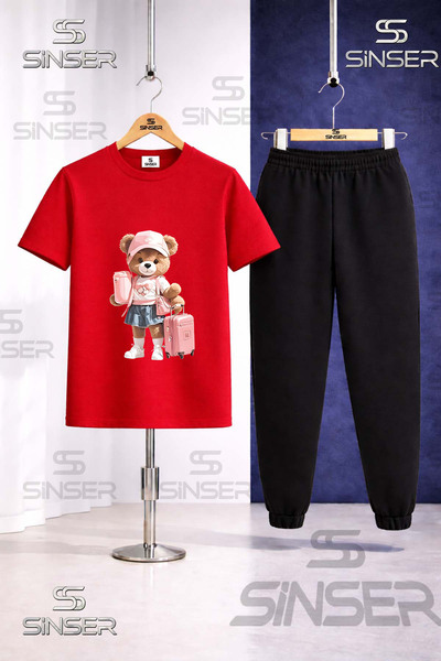 SS SİNSER Παιδικό Σετ Φόρμας με Στάμπα Αρκουδάκι και Βαλίτσα για Κορίτσια