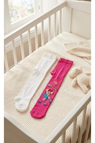 Miniday Baby 2'li Kız Bebek & Çocuk Pamuklu Düz Renkli Külotlu Çorap Yeni Doğ...