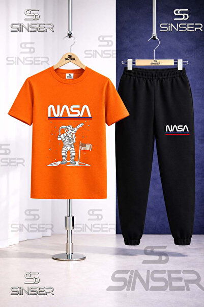 SS SİNSER Çocuk ASTRONOT BEYZ UST NASA YAZI Baskılı Tişort Eşofman Takımı