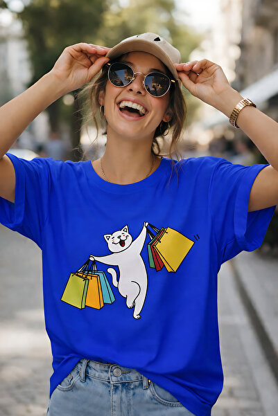 ArtYus Cheerful Cat Shopping Printed Unisex Oversize T-Shirt – Cotton Crew Ne...