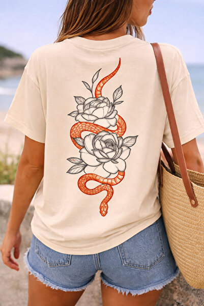 ArtYus Μπλουζάκι Unisex Oversize με στάμπα φιδιού και λουλουδιών στην πλάτη –...