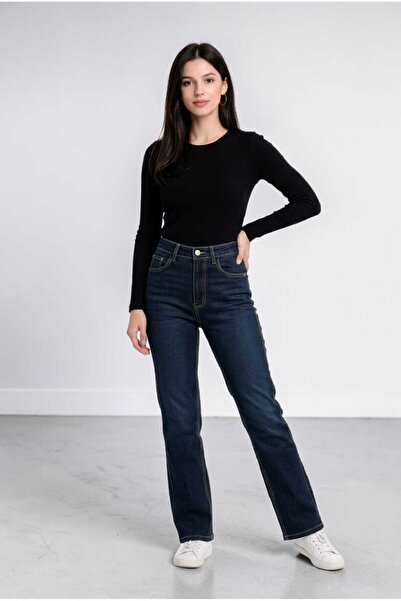 hies Γυναικείο παντελόνι Lycra με φαρδιά μπατζάκια σε μπλε ναυτικό χρώμα - Τζιν