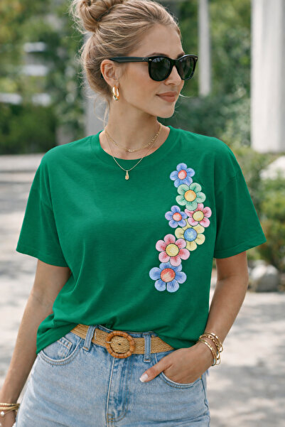 ArtYus Tricou oversize unisex cu imprimeu floral pe lateral – Tricou casual d...