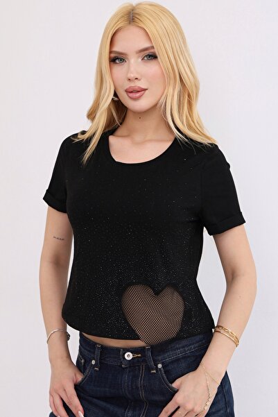 RICH GLAM Γυναικείο κοντομάνικο μπλουζάκι με λεπτομέρεια κοπής με λέιζερ και ...