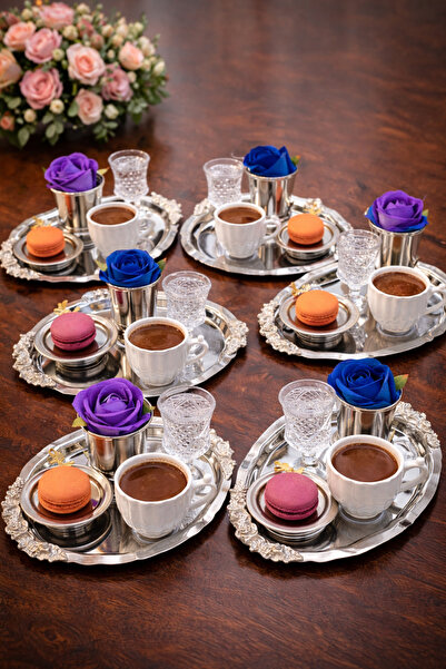 MGEStore 6’lı Kahve Çay Sunum Tepsi Seti Dekoratif Oval Sunum Tepsisi Şık Güm...