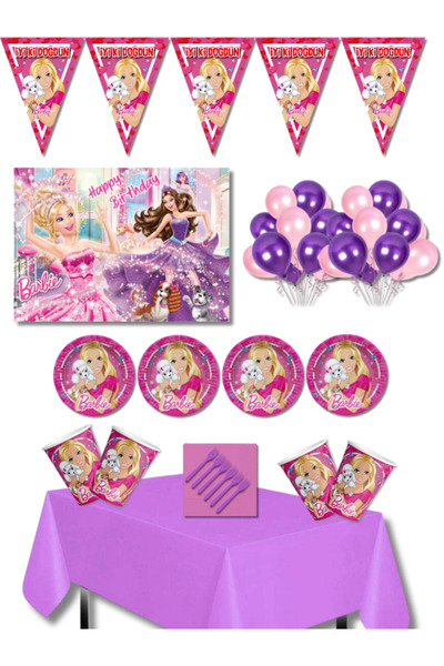 kullanatparti Barbie 32 Kişilik Doğum Günü Parti Seti 35x50 cm Afişli Balonlu...