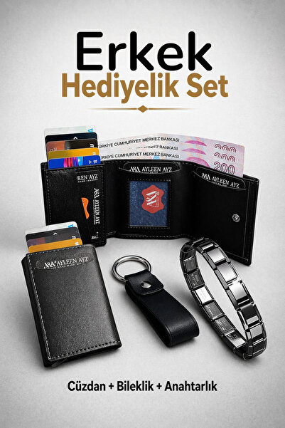 Ayleen Ayz Erkek Hediye Seti – Mekanizmalı Deri Cüzdan Kartlık Kağıt Para Böl...