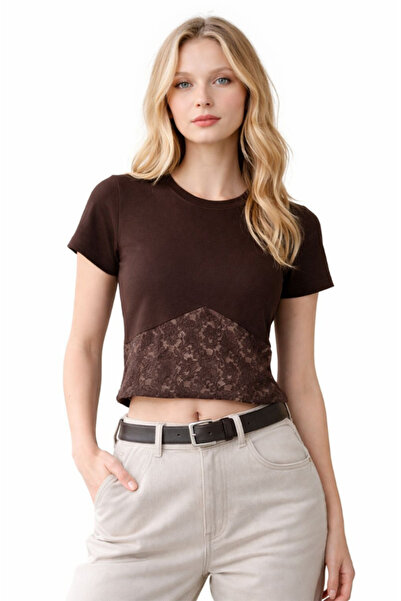 LOVES AGAZA Μαύρο γυναικείο μπλουζάκι με δαντέλα