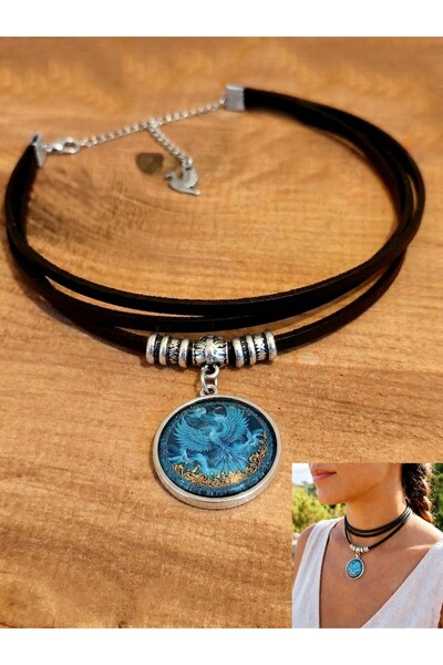 LADYMİRAGE Real Leather Choker Necklace with Phoenix Figure