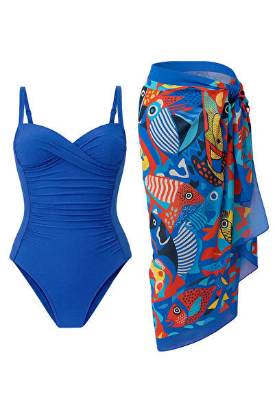 CUPSEA Γυναικείο μαγιό με ντραπέ σχέδιο ψαριού, σετ 2 τεμαχίων, κομψό και αδυ...