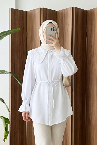 MODAQU Κεντημένο πουκάμισο ποπλίνα με κουμπιά για μωρά - Λευκό