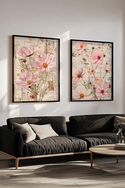 STARYUNA Διακοσμητικό σετ δύο πινάκων με θέμα το ροζ λουλούδι και μαύρο ξύλιν...