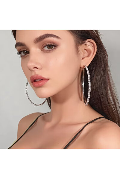 1PARÇAMAVİ 8 cm DELİKSİZ kıstırmalı Zirkon taşlı klipsli kadın halka küpe