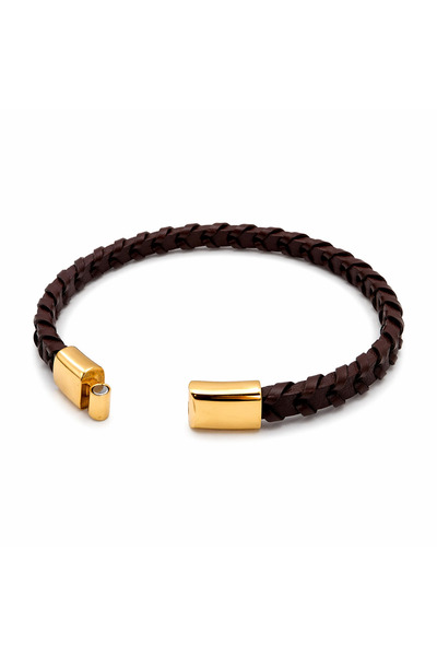 Sjour Braided Leather Brown & Gold Men's Bracelet, Water and Shower Resistant...