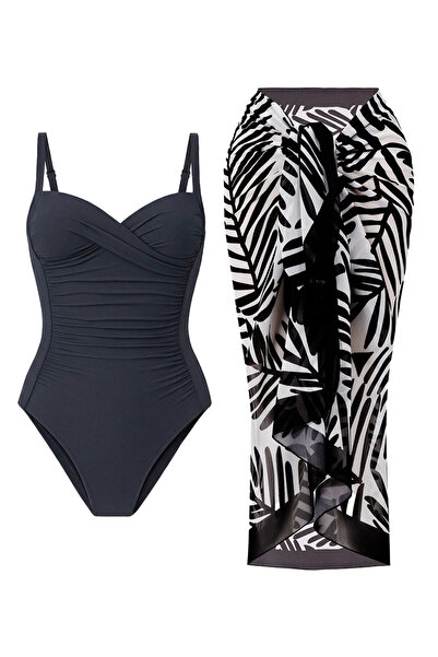 CUPSEA Γυναικείο μαγιό σε γκρι χρώμα με ντραπέ, με μοτίβο μαύρων φύλλων, σετ ...