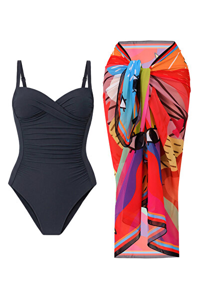 CUPSEA Γυναικείο μαγιό σε γκρι χρώμα με ντραπέ, μοτίβο ουράνιου τόξου, σετ Pa...