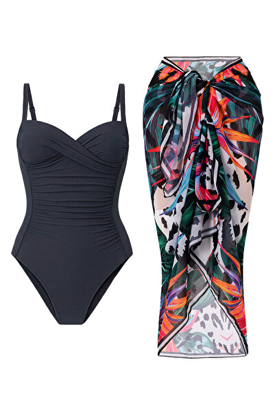 CUPSEA Γυναικείο μαγιό σε γκρι χρώμα με ντραπέ Lana με μοτίβο μαύρων φύλλων, ...