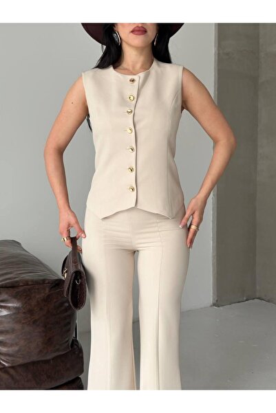 Ekim Store Buttoned Vest, High Waist, Slit-Cut Trousers Set