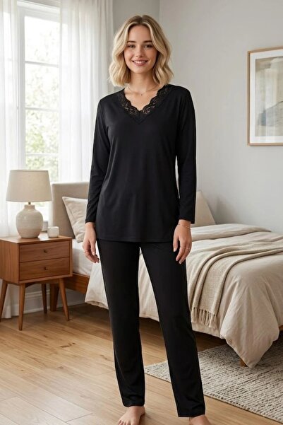 Mecit Pijama Γυναικείο σετ πιτζάμες με μακρύ μανίκι και γιακά σε σχήμα V με δ...