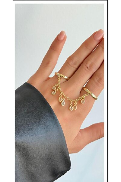 Cadera Jewelry Sallantılı Damla Taşlı Çift Parmak Yüzük