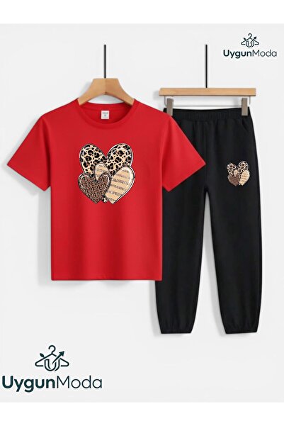 UygunModa 3 Leoprli Heart Printed T-Shirt and Sweatpants (with Pockets) Child...