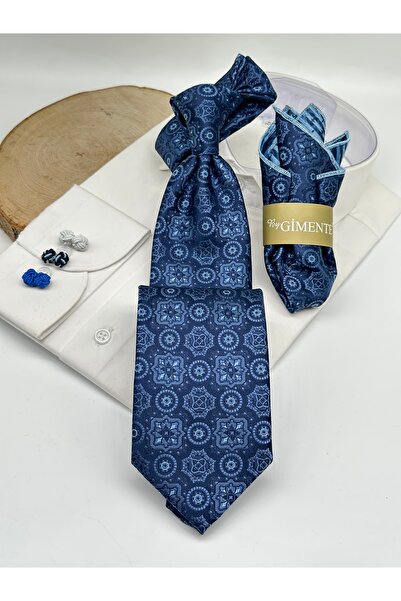 Gutiero Navy Blue Patterned Classic Tie with Handkerchief