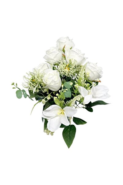 AFO Μπουκέτο με 11 Τεχνητά Κλασικά Τριαντάφυλλα, Κρίνα και Λευκή Γκρεβίλια