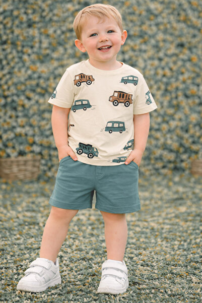 kahkaha kids Μπλουζάκι με σχέδιο αυτοκίνητο για αγόρια και σορτς σετ μπεζ πρά...
