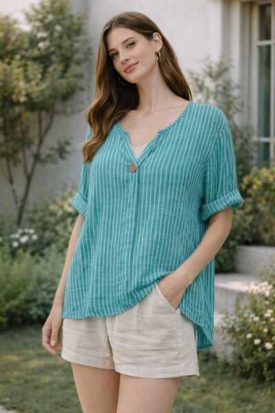 Butik Şans Women's Striped V-Neck Button Detailed Three-Quarter Sleeve Blouse