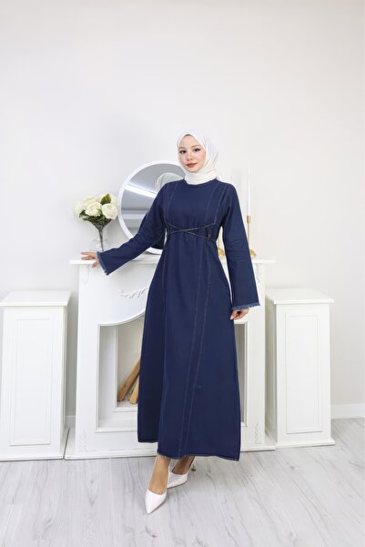 Caddebostan Moda Navy Blue Denim Double Lace Detailed Long Denim Hijab Dress