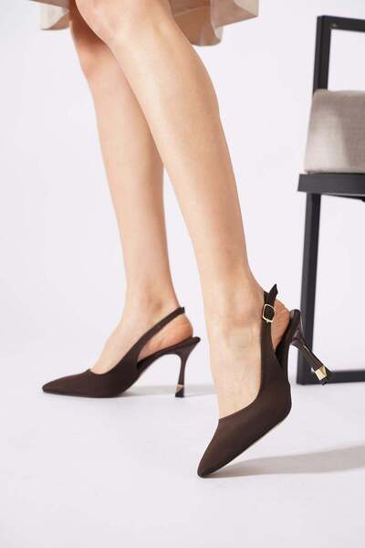 Moda Pie Tetas open back heel metal women's high heeled shoes coffee satin