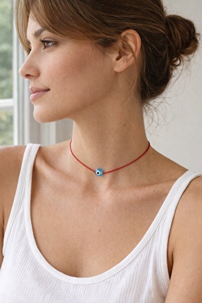 Femenino Açık Mavi Cam Nazar Boncuklu Ayarlanabilir Kırmızı İp Choker