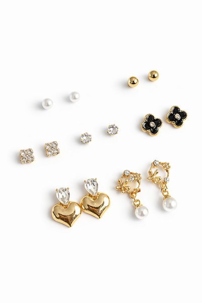 serelya Brass Gold Color Zircon Stone Heart Figure Black Clover Detail 7 Pair...