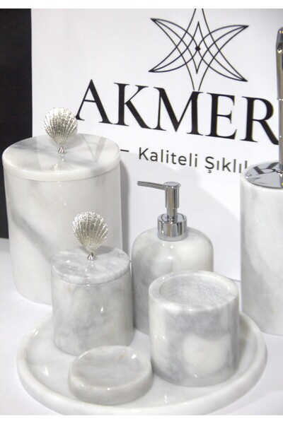 Akmera Home Gerçek Mermer Gri Gölgeli 7 Parça Ultra Lüks Banyo Seti