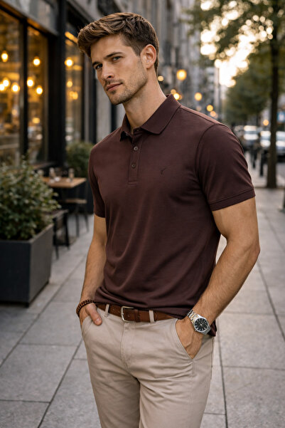 Maccali Men's Imported Textured Premium Fabric Basic Dark Brown Polo Collar T...