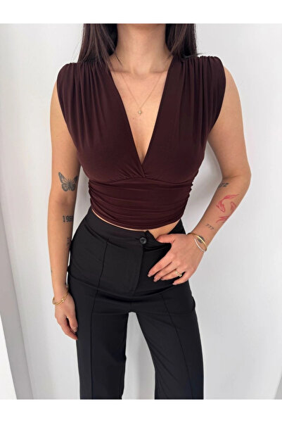 SATIYU BUTİK Asmedo Women's Padded Sleeveless V-Neck Draped Crop Blouse Lycra...