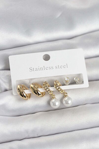 Inure Jewelry طقم أقراط نسائية من الفولاذ 316L باللون الذهبي مع تفاصيل حلقات ...