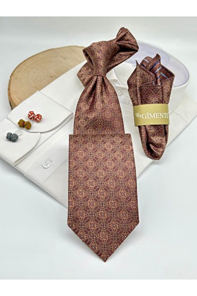 Gutiero Classic Tie with Dark Brick Pattern and Handkerchief