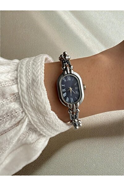 Vola Collection Navy Blue Oval Case Chain Cord Steel Silver Minimal Women's W...