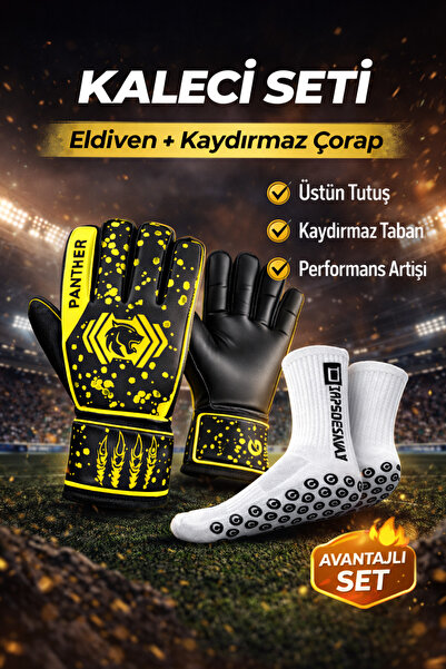 GAZELMANYA PANTHER Kaleci Eldiveni + Kaydırmaz Futbol Çorabı Seti Yetişkin Ve...