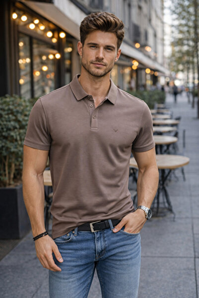 Maccali Men's Imported Textured Premium Fabric Basic Brown Polo Collar T-Shirt