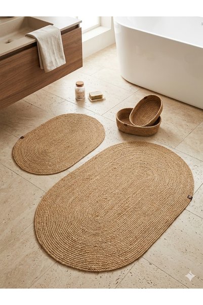 Türkmen Ev Tekstil Wicker Jute Wicker Large Size4 Pcsbathroom Set ,Bathroom Mat Set,Bathroom Basket ,Mat, Basket Set