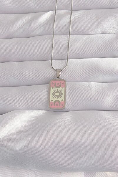 Generic Brand 316L Steel Silver Color Pink Enamel Moon Figure Tarot Necklace