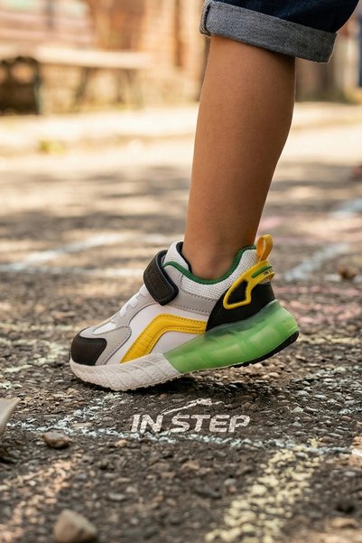 IN-STEP Pixel Fun Kids' Sneakers - Neon Green Yellow Detail, Velcro Fastening