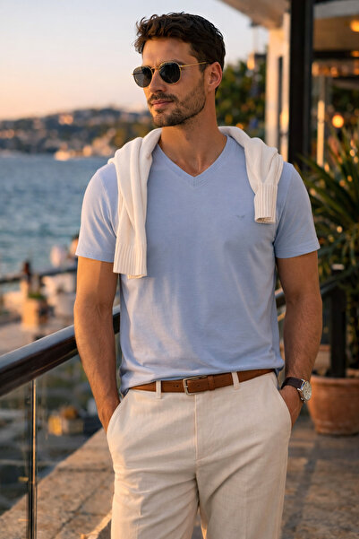 Maccali Tricou albastru din bumbac, cu decolteu în V, pentru bărbați, în tend...